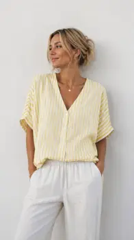 Bluza cu maneca fluture, nasturi in fata si dungi fine alb - galbene imagine