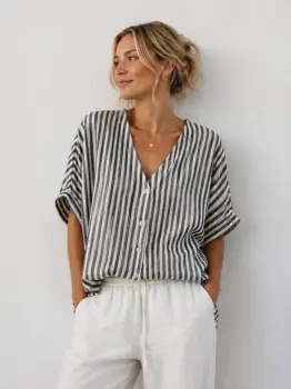Bluza cu maneca fluture, nasturi in fata si dungi fine alb - negru imagine