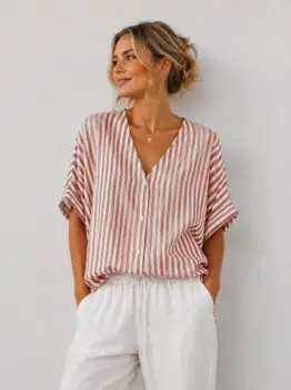 Bluza cu maneca fluture, nasturi in fata si dungi fine alb - rosu imagine