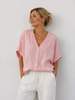 Bluza cu maneca fluture, nasturi in fata si dungi fine alb - roz imagine