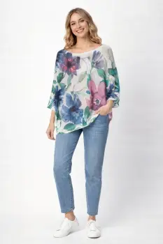 Bluza cu maneca fluture trei sferturi si imprimeu cu flori albastre si roz imagine