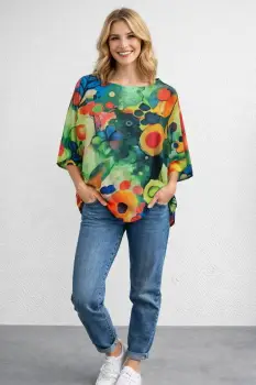 Bluza cu maneca fluture trei sferturi si imprimeu cu flori multicolore in stil acuarela imagine