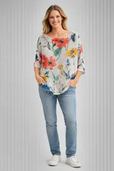 Bluza cu maneca fluture trei sferturi si imprimeu flori multicolore pe fond alb imagine