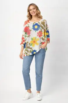 Bluza cu maneca fluture trei sferturi si imprimeu flori stilizate multicolore pe fond alb imagine