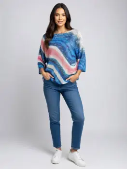 Bluza cu maneca fluture trei sferturi si imprimeu gradinent albastru si roz imagine