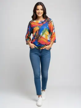 Bluza cu maneca fluture trei sferturi si imprimeu pete de culoare picturale vibrante imagine