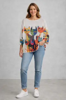 Bluza cu maneca fluture trei sferturi si imprimeu pisici stilizate in culori multicolore imagine