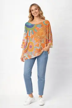 Bluza cu maneca fluture trei sferturi si imprimeu solar portocaliu imagine