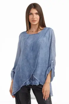 Bluza dama chic, cu croi petrecut din matase, puloveras si detalii dantela, albastru jeans imagine