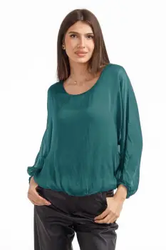 Bluza dama cu maneca fluture din matase si vascoza, turcoaz inchis imagine