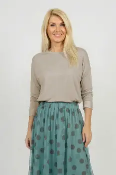 Bluza dama cu maneca fluture si satin la maneci si decolteu, bej inchis imagine