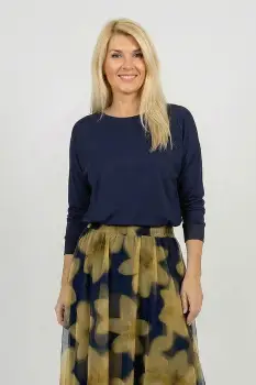 Bluza dama cu maneca fluture si satin la maneci si decolteu, bleumarin imagine