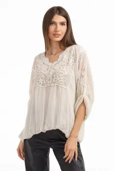 Bluza dama eleganta matase, dantela boho si tricotaj,bej ivoire imagine