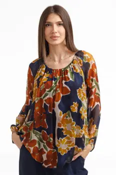 Bluza dama lejera din matase si vascoza cu imprimeu floral multicolor si maneci lungi imagine