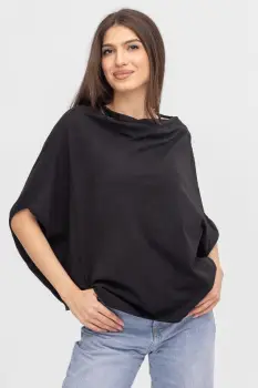 Bluza dama neagra cu croi amplu si decolteu drapat elegant, din bumbac imagine