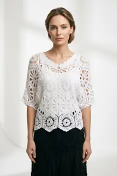 Bluza de vara cu broderie din bumbac, croi lejer, alba imagine