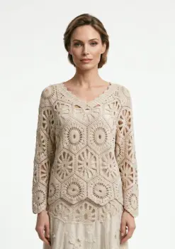 Bluza de vara cu broderie din bumbac, croi lejer, bej imagine
