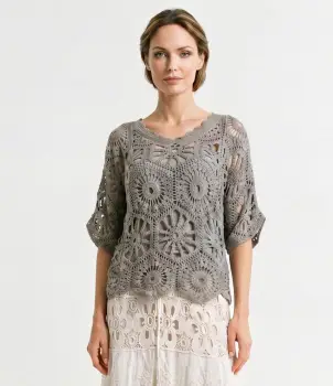 Bluza de vara cu broderie din bumbac, croi lejer, bej inchis imagine