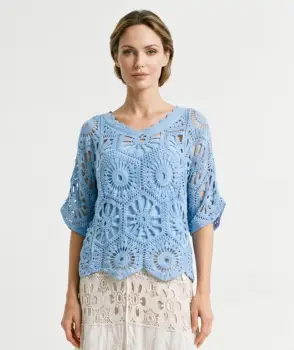 Bluza de vara cu broderie din bumbac, croi lejer, bleu imagine