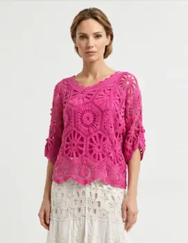 Bluza de vara cu broderie din bumbac, croi lejer, fucsia imagine