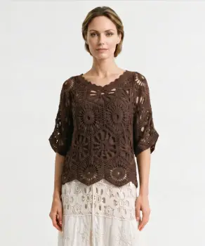 Bluza de vara cu broderie din bumbac, croi lejer, maro imagine
