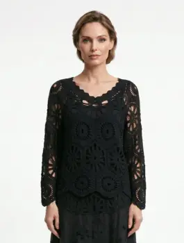 Bluza de vara cu broderie din bumbac, croi lejer, neagra imagine