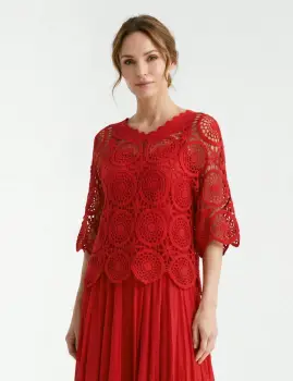 Bluza de vara cu broderie din bumbac, croi lejer, rosie imagine