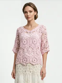 Bluza de vara cu broderie din bumbac, croi lejer, roz imagine