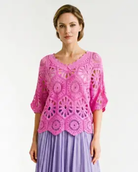 Bluza de vara cu broderie din bumbac, croi lejer, roz intens imagine