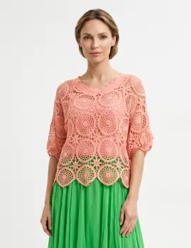 Bluza de vara cu broderie din bumbac, croi lejer, roz piersica imagine