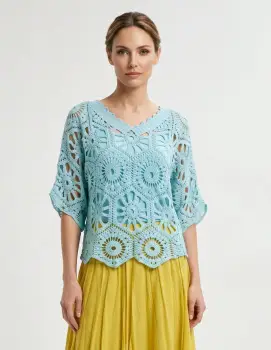 Bluza de vara cu broderie din bumbac, croi lejer, verde menta imagine