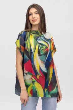 Bluza de vara tip poncho din matase cu imprimeu abstract imagine