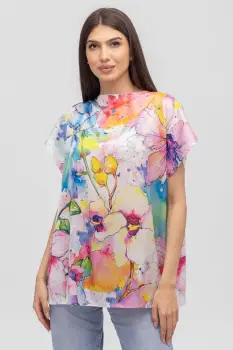 Bluza de vara tip poncho din matase cu imprimeu aquarela floral imagine