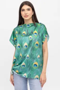 Bluza de vara tip poncho din matase cu imprimeu coada de paun imagine