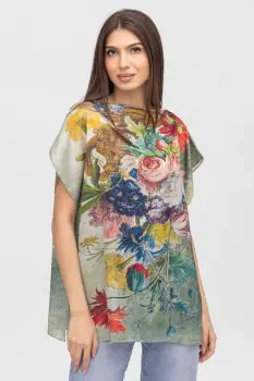 Bluza de vara tip poncho din matase cu imprimeu floral imagine