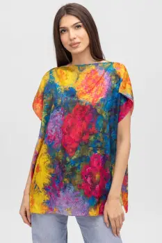 Bluza de vara tip poncho din matase cu imprimeu flori mari imagine