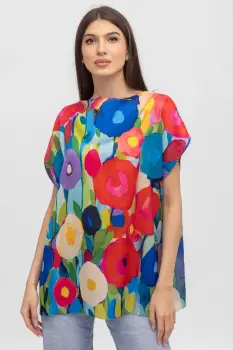 Bluza de vara tip poncho din matase cu imprimeu flori picturale imagine