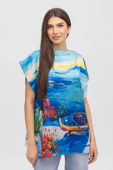 Bluza de vara tip poncho din matase cu imprimeu marin cu barca imagine