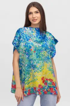 Bluza de vara tip poncho din matase cu imprimeu pictural imagine