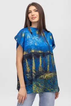 Bluza de vara tip poncho din matase cu reproducere dupa Noapte Instelata deasupra Rhonului de Claude Monet imagine