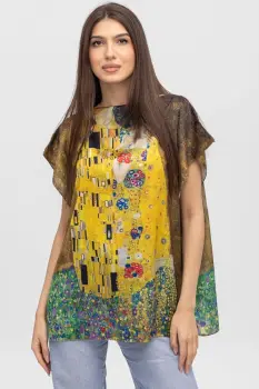 Bluza de vara tip poncho din matase cu reproducere dupa Sarutul de Gustav Klimt imagine