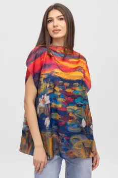 Bluza de vara tip poncho din matase imprimata cu reproducere dupa picturi celebre imagine