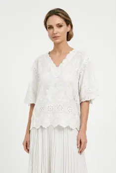 Bluza din bumbac brodat cu decolteu in V si maneci evazate, eleganta, alba imagine