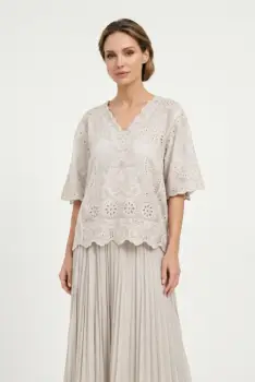 Bluza din bumbac brodat cu decolteu in V si maneci evazate, eleganta, bej imagine