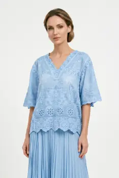 Bluza din bumbac brodat cu decolteu in V si maneci evazate, eleganta, bleu imagine