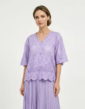Bluza din bumbac brodat cu decolteu in V si maneci evazate, eleganta, lila imagine