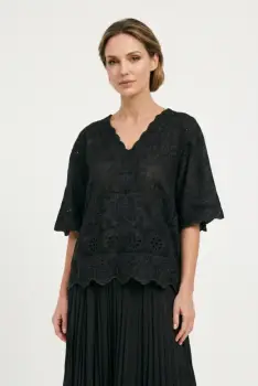 Bluza din bumbac brodat cu decolteu in V si maneci evazate, eleganta, neagra imagine
