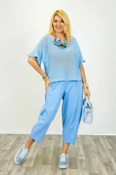 Bluza din bumbac tricotat cu maneca scurta kimono, bleu imagine