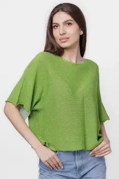 Bluza din bumbac tricotat cu maneca scurta kimono, verde oliv imagine