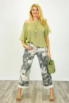 Bluza din bumbac tricotat cu maneca scurta kimono, verde olive deschis imagine